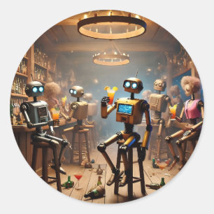 robots having fun in a bar classic round sticker