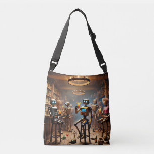 robots having fun in a bar crossbody bag