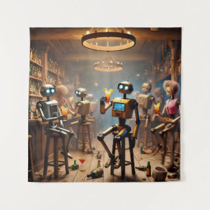 robots having fun in a bar tapestry