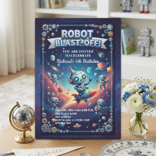 Robots in Space 4th Birthday Party Invitation