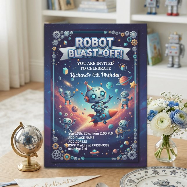 Robots in Space 6th Birthday Party Invitation (Creator Uploaded)