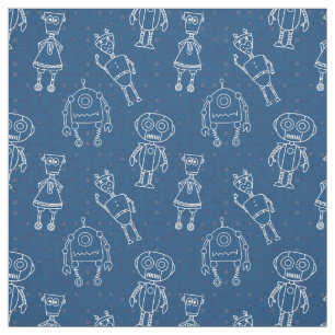 Robots on classic blue fabric