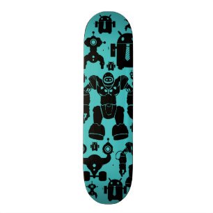 Robots Rule Fun Robot Silhouettes Pattern Blue Skateboard