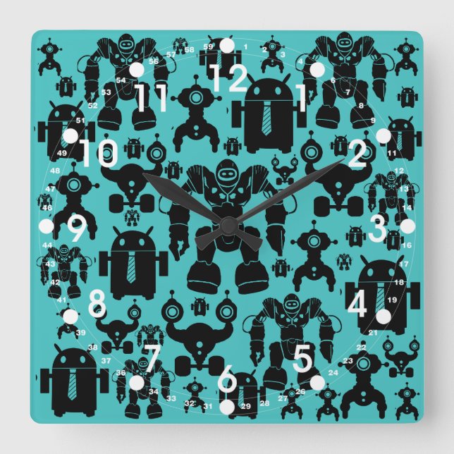 Robots Rule Fun Robot Silhouettes Pattern Blue Square Wall Clock (Front)