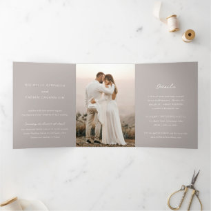 Rochelle Taupe Modern Contemporary Elegant Wedding Tri-Fold Invitation
