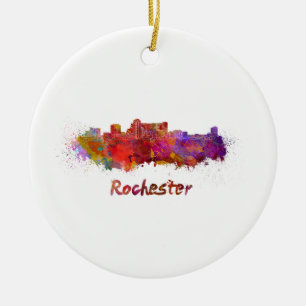 Rochester MN skyline in watercolor Ceramic Ornament