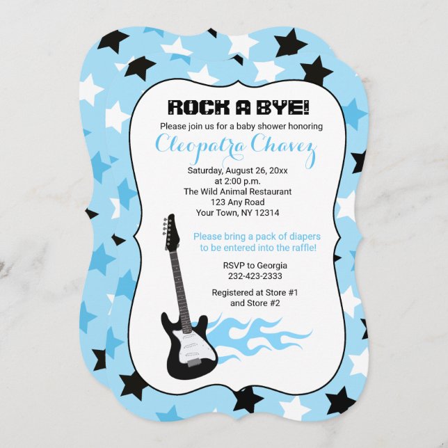 Rock a Bye Blue Rock Star Guitar Baby Shower Invitation (Front/Back)