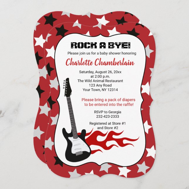 Rock a Bye Red Rock Star Guitar Baby Shower Invitation (Front/Back)