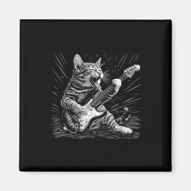 Rock &amp; Roll Cat Playing Guitar Funny Cats Guit Magnet (Front)