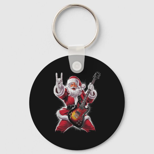 Rock &amp; Roll Christmas Santa Claus Guitar Playe Key Ring (Front)