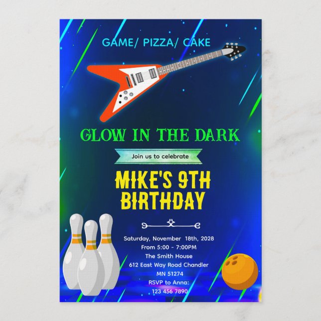 Rock and Bowling Birthday Invitation (Front)