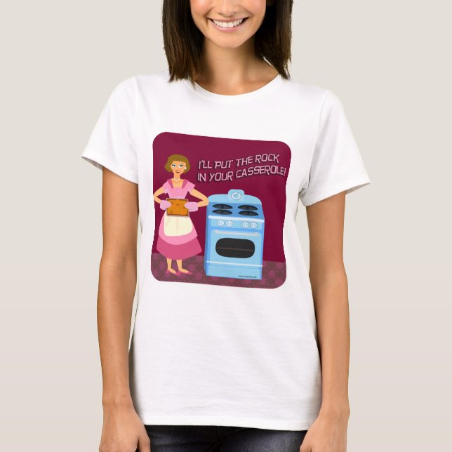 Rock and Casserole Cartoon Housewife Character T-Shirt (Front)