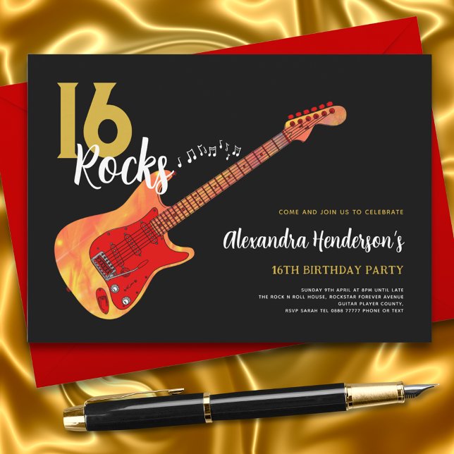 Rock and Roll 16th birthday party 16 rocks Invitation (16 rock electric guitar 16th birthday black and gold invitation)