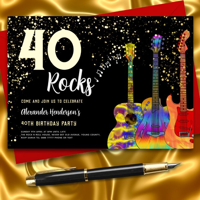 Rock and Roll 40th Birthday Party Black and Gold (Rock and roll 40th birthday party black & gold foil invitation colorful guitar art and gold glitter)