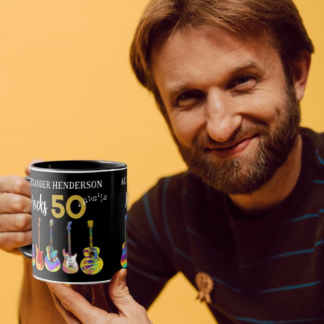 Rock and Roll 50th Birthday Guitars Mug (Rock and roll personalized rocks 50 funky psychedelic guitars coffee mug for him)