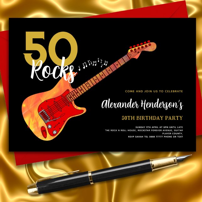 Rock and Roll 50th birthday party 50 rocks Invitation (Rock and roll 50th birthday party invitation fire electric guitar black and gold 50 Rocks theme)