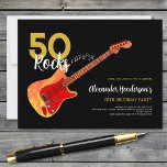 Rock and Roll 50th birthday party 50 rocks Invitation Postcard<br><div class="desc">50 Rocks 50th birthday party invitations with a cool electric guitar with Fire flame pattern and red pick guard guitar art and musical notes illustration with personalised black and gold modern calligraphy typography. This easy to use template creates the perfect personalised invitation to celebrate fifty in rock n roll style...</div>
