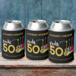 Rock and Roll 50th Birthday Party add Name Can Cooler<br><div class="desc">50 Rocks 50th birthday party guitar music personalised gold modern typography can cooler with three cool watercolor guitar designs on black background. An electric guitar with colourful pattern and white pick guard, a multicolored semi acoustic guitar and a psychedelic classic acoustic guitar art illustration with personalised black and gold modern...</div>