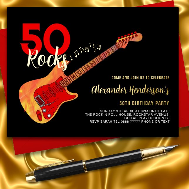 Rock and Roll 50th Birthday Party Black Gold Foil Invitation Postcard (Rock and roll black and gold foil 50th birthday party postcard invitation with fire guitar )