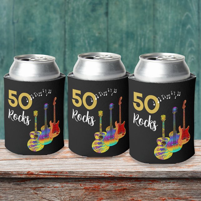 Rock and Roll 50th Birthday Party Can Cooler (Personalized Rock and roll 50th birthday party can coolers cool funky guitars gold and black for him)