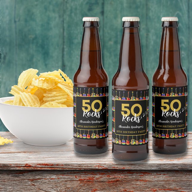 Rock and Roll 50th Birthday Party Custom Beer Bottle Label (Rock and roll custom Roth birthday party beer bottle labels)