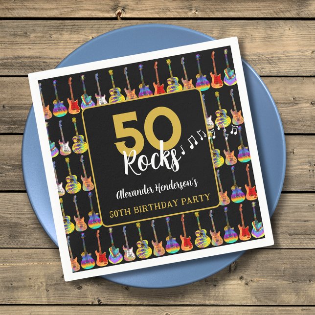 Rock and Roll 50th Birthday Party Custom Napkin (Rock and roll 50th birthday party custom napkins with black and gold typography )