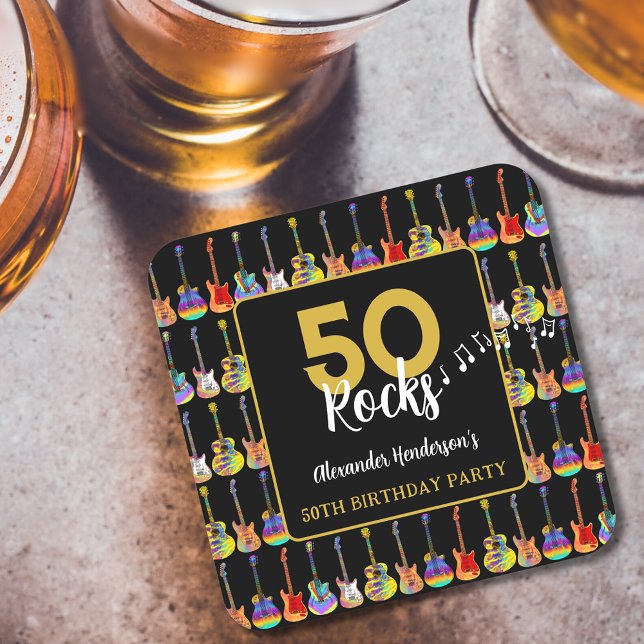 Rock and Roll 50th Birthday Party Custom Square Paper Coaster (Rock and roll 50th birthday party custom black and gold paper coasters with colorful funky guitars)