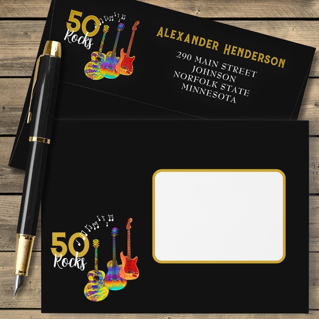 Rock and Roll 50th Birthday Party Envelope (Rock and roll 50th birthday party return address envelope funky guitars cool gold typography & Black)