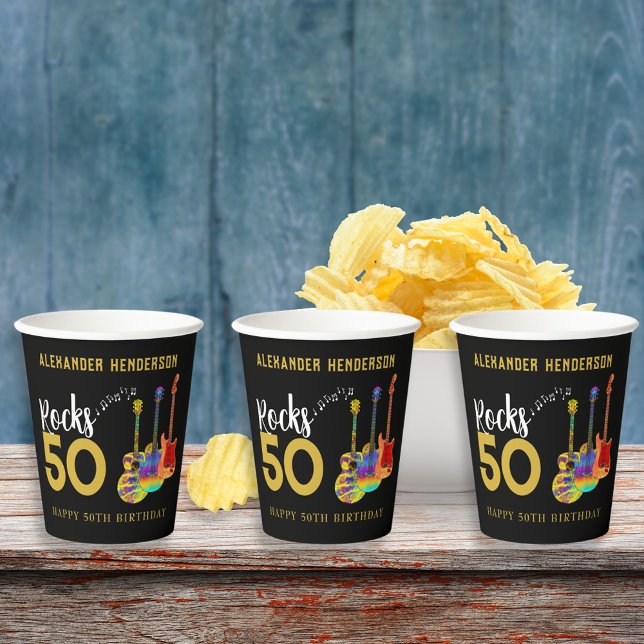 Rock and Roll 50th Birthday Party Name Paper Cups (Rock and roll 50th birthday party personalized paper cups for him cool funky guitars gold and black)