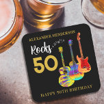 Rock and Roll 50th Birthday Party Name Square Paper Coaster<br><div class="desc">Celebrate fifty in rock and roll style with this guitar themed 50th birthday party coaster with personalised add name Rocks 50 with three cool colourful funky guitar designs on black background. An electric guitar with Fire flame pattern and red pick guard, a multicolored semi acoustic guitar and a psychedelic classic...</div>