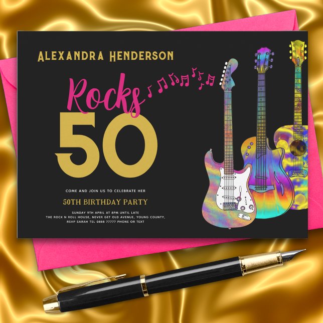 Rock and Roll 50th Birthday Party Pink Black Gold Invitation (Rock and roll 50th birthday party black pink and gold invitation with colorful guitars music theme)