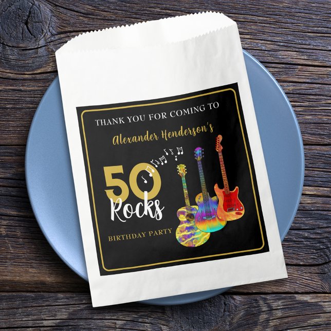 Rock and Roll 50th Birthday Party Thank You Favour Bag (Rock and roll 50th birthday party thank you favor bag funky guitars cool gold typography 50 Rocks)