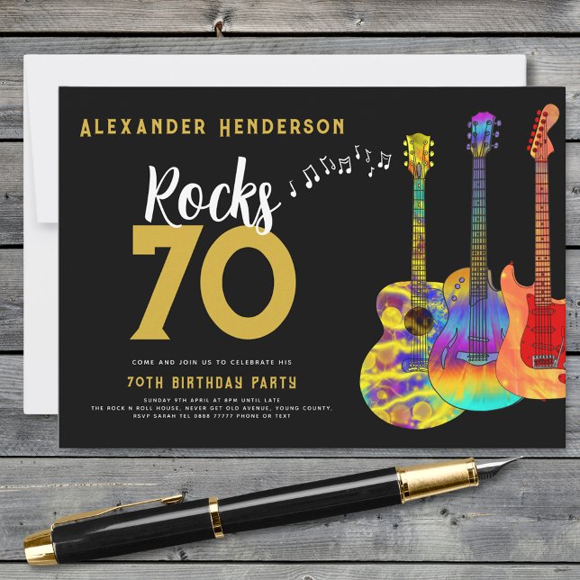 Rock and Roll 70th Birthday Party Invitation (Rock and roll 70th birthday party black and gold invitation )