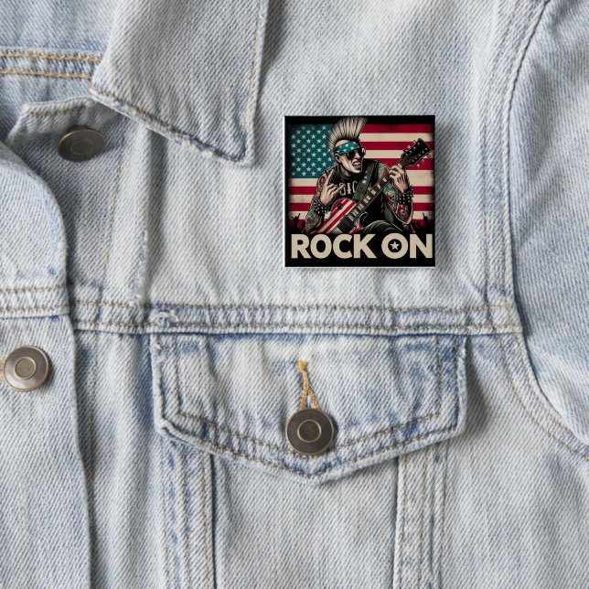 rock and roll buton 15 cm square badge (In Situ)