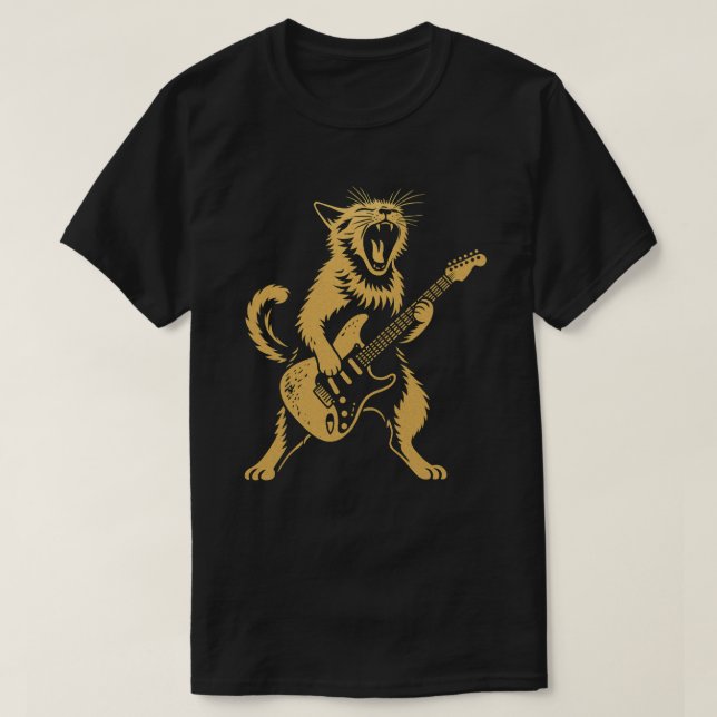 Rock and Roll Cat Playing Guitar | Funny Music Art T-Shirt (Design Front)