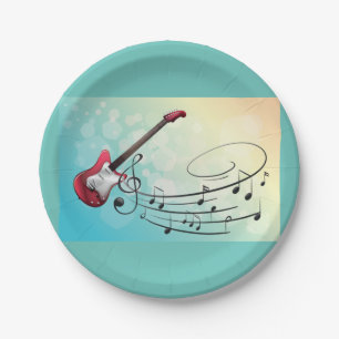 Rock and Roll Electric Guitar Swirling Music Notes Paper Plate