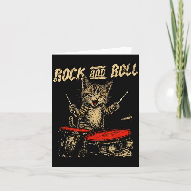 Rock And Roll Funny Cat Playing Drum For Men Women Card (Front)