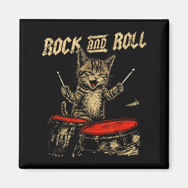 Rock And Roll Funny Cat Playing Drum For Men Women Magnet (Front)