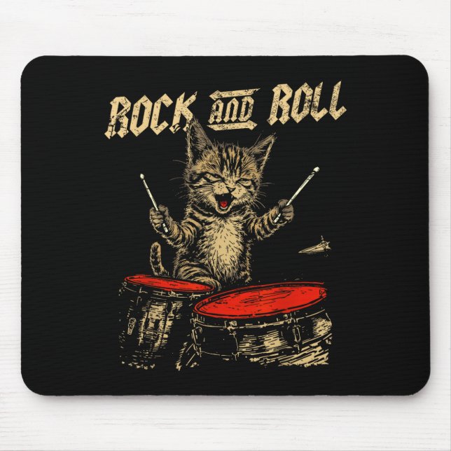Rock And Roll Funny Cat Playing Drum For Men Women Mouse Pad (Front)