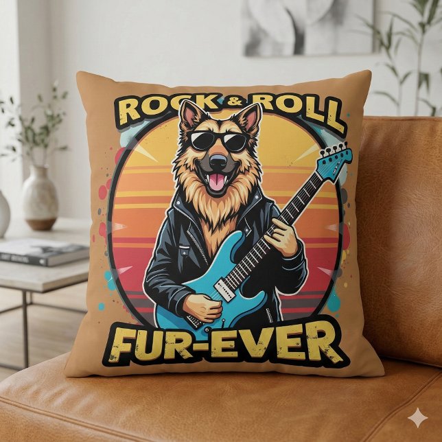 Rock and Roll German Shepherd Retro Sunset Art Cushion (Rock and Roll German Shepherd Retro Sunset Art Throw Pillow Mockup A)