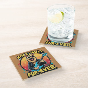 Rock and Roll German Shepherd Retro Sunset Art Glass Coaster