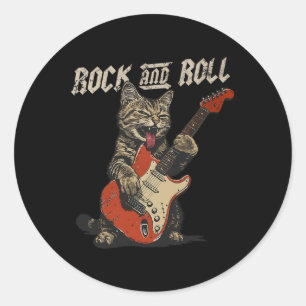 Rock And Roll Guitar Cat Vintage Rock Guitarist Ca Classic Round Sticker