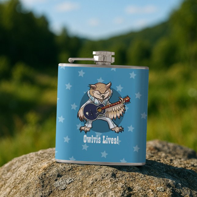 Rock and Roll Guitar Owl in Jumpsuit Cartoon Hip Flask (Creator Uploaded)