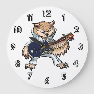 Rock and Roll Guitar Owl in Jumpsuit Cartoon Large Clock