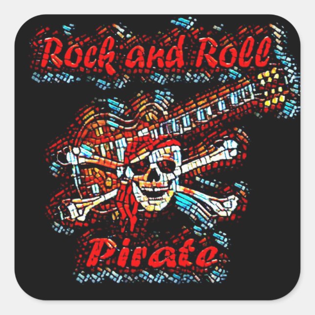 Rock and Roll Guitar Pirate Skull Square Sticker (Front)