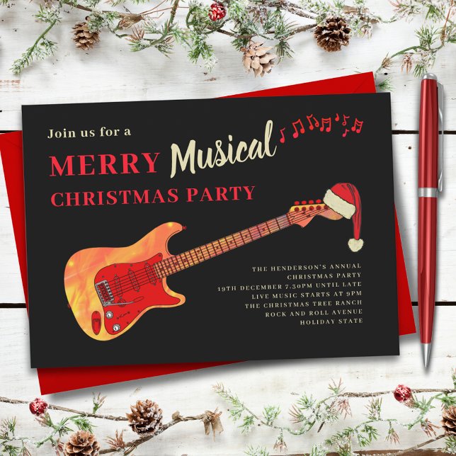 Rock and Roll Merry Christmas Party Invitation (Rock and roll merry musical Christmas party music themed invitation guitarist musician band)