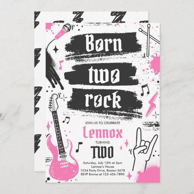 Rock and Roll Party Born Two Rock 2nd Birthday Invitation (Front/Back)