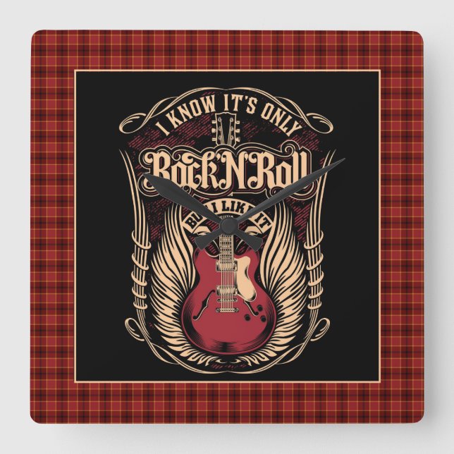 Rock and Roll Quote with Guitar Square Wall Clock (Front)