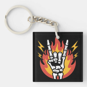 Rock and Roll Skeleton Hand: Classic Rock On Sign Key Ring