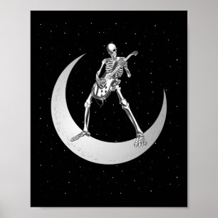 Rock And Roll Skeleton Playing Guitar Rock On Moon Poster